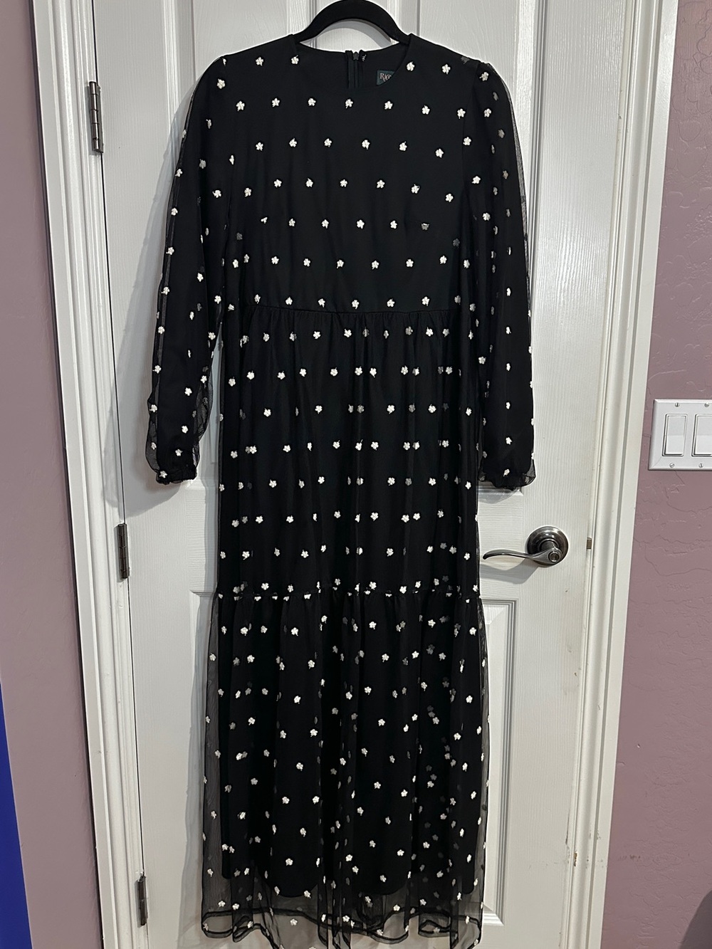 Black Long Sleeve Tiered Maxi Dress with Embroidered Flower White Dot Detail